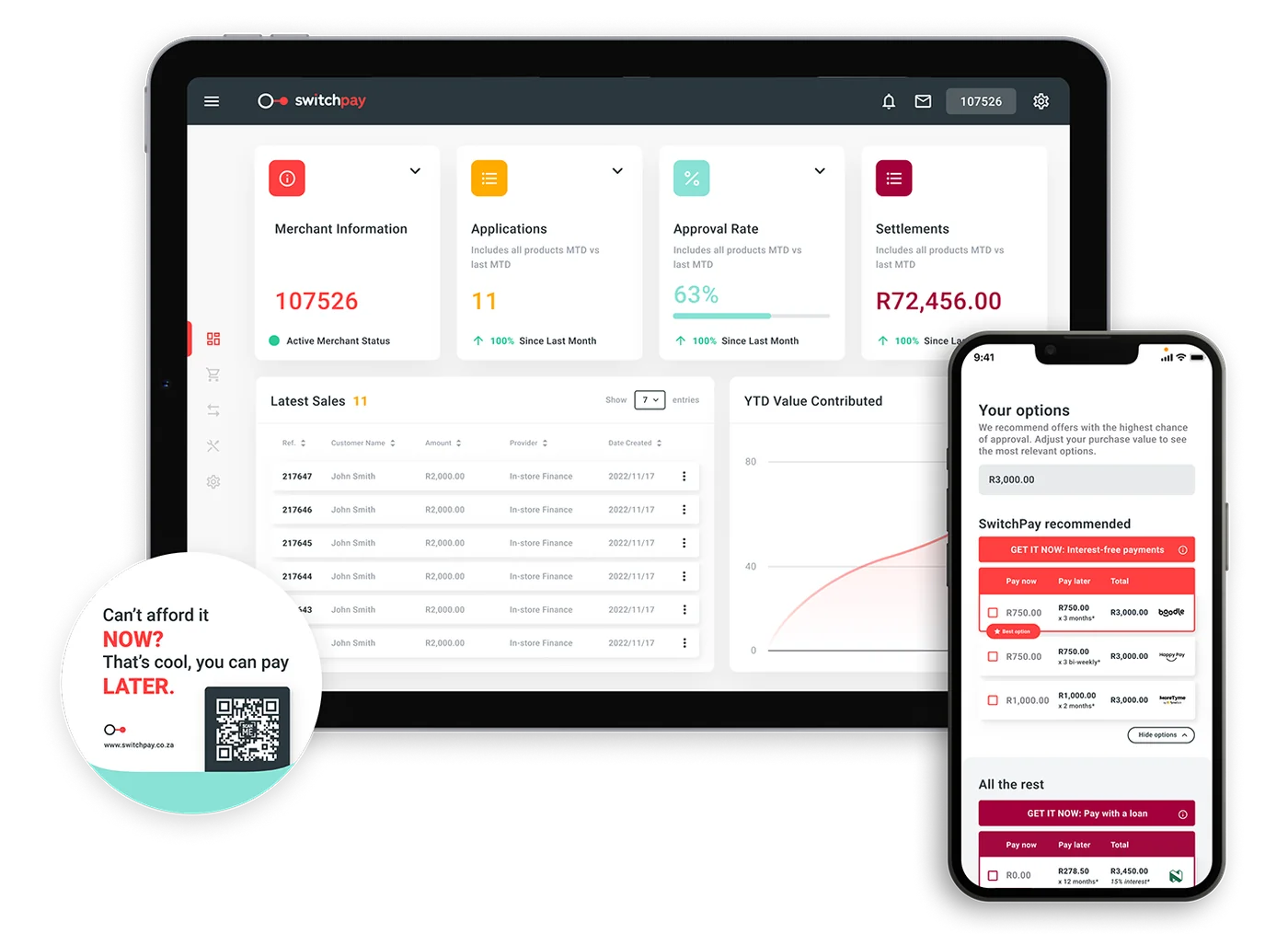 A financial and payment management system featuring a merchant dashboard and a Buy Now, Pay Later interface for mobile users.